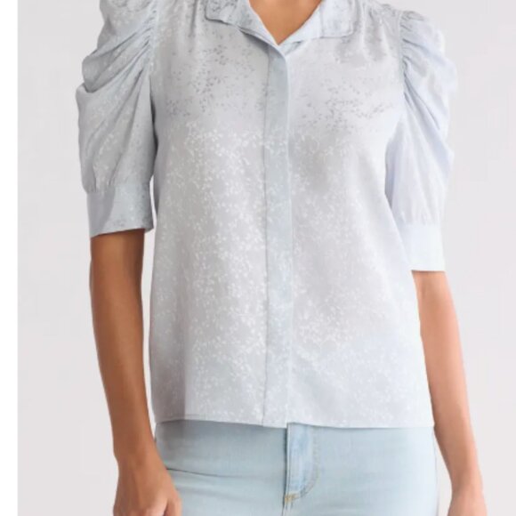 Frame Denim Light Blue Puff Sleeve Blouse 100% Silk Size S - Picture 2 of 12